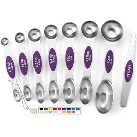 Spring Chef - Juego de 8 cucharas medidoras magnéticas de acero inoxidable morado, con nivelador, cucharadita de metal de doble cara y cucharada, utensilios de cocina para hornear y cocinar, se adapta