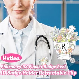 Carrete retráctil para identificación de farmacia RX Flower con pinza de cocodrilo, ideal como regalo médico.
