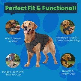 Adjustable Tactical Dog Harness & Leash Set - No-Pull MOLLE Vest with Handle, Front Leash Clip, Hook & Patch - Perfect for Small to Large Dogs (L: Neck 18"-24", Chest 28"-35"), Olive Black