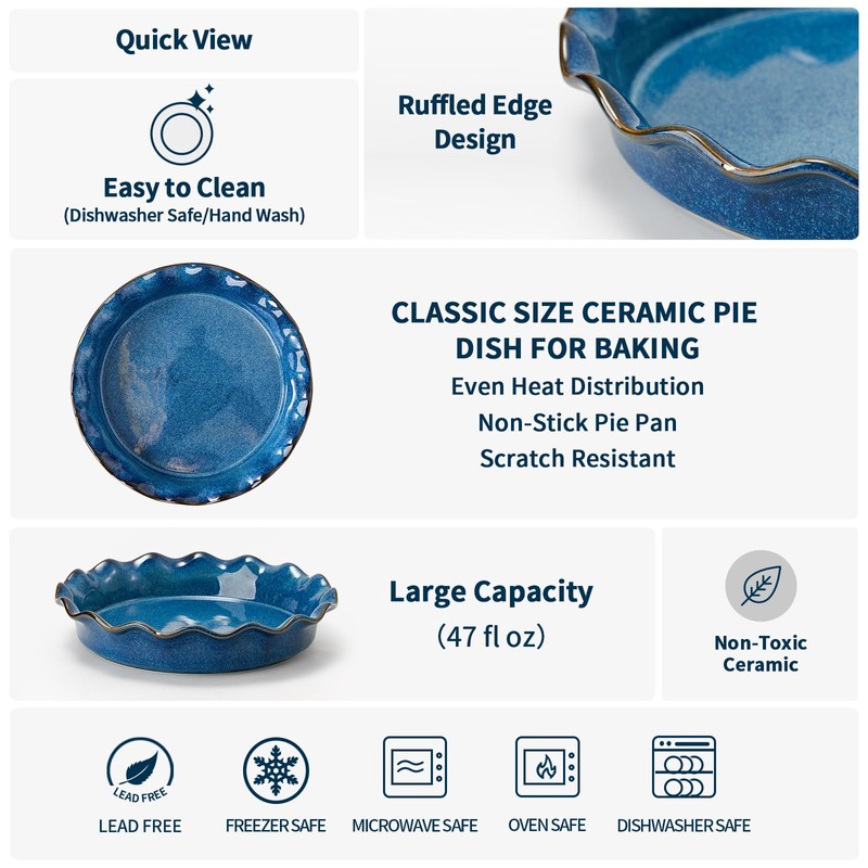 SIDUCAL Ceramic Pie Pan for Baking[10.5 inch],Reusable NonStick Ceramic Pie