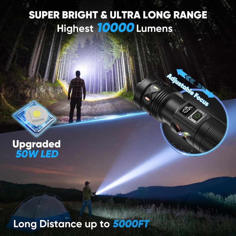 erbrigtli Flashlights High Lumens 10000 Rechargeable, Super Bright 50W LED,