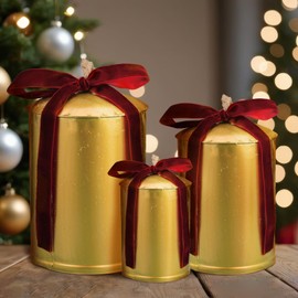 Geelin Set of 3 Large Cow Bells with Velvet Ribbon DIY Bows Christmas Metal Table Centerpiece Harmony Bells Vintage Country Rustic Cowbell on Jute Rope Hanging Decorations for Table Garland Staircase