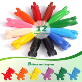 JYPS Washable Crayons for Toddlers 1-3, 18 Pcs Non-Toxic Safe Silky Crayons Set, 12 Rockets and 8 Dinosaur Coloring Crayon for Kids, Art Supplies Toys Gift for Girls/Boys Back to School