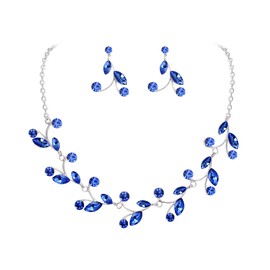 EleQueen Women's Gorgeous Rhinestone Crystal Marquise-Cut Pear Shape Floral Necklace Earrings Jewelry Set for Wedding Bridal Party Blue Silver-Tone
