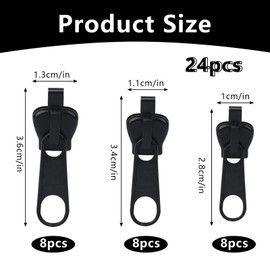 Pack of 24 Universal Zip Repair Kit, 3 Sizes, Removable Zipper for Backpack, Jacket, Suitcase, Sleeping Bag, Robust Black Replacement Zipper