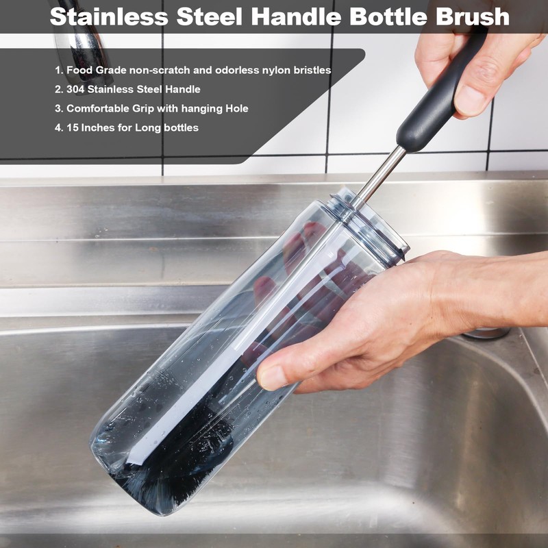 Water Bottle Brush, 15 Inches Long Stainless Steel Handle Bottle