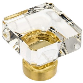 10 Pack - Cosmas 6377BB-C Brushed Brass Cabinet Hardware Square Knob with Clear Glass - 1-3/8" Squared