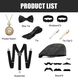 15 Piece Set 1920s Mens Costume, Gangster Gatsby Costume, Classic Retro 1920s Accessories for Men with Beret Pocket Watch Bow Tie Necktie Suspenders Cuffs Mustache Tie Clip