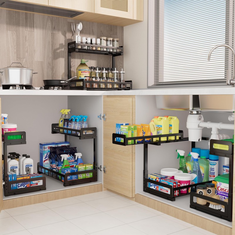 Under Sink Organizer, Metal Large Capacity 2-Tier Sliding Cabinet Storage
