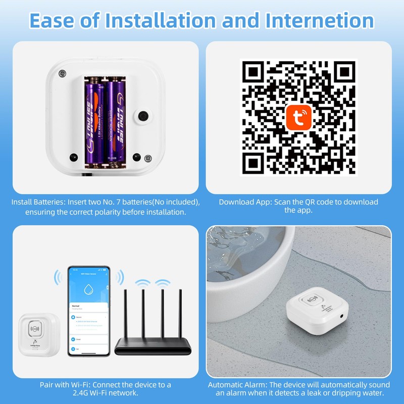 Water Detector, Water Detector WLAN 100 dB Loud Water Sensor