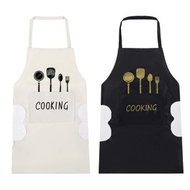 Qianyu 2 Pcs Kitchen Bib Apron with Hand Wipe Big Pocket for Women Men Chef Adjustable Waterproof Oil Resistant Cooking Aprons Hand-wiping Cooking Aprons for Kitchen Gardening Salon