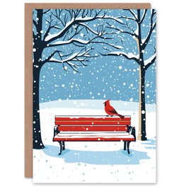 Artery8 Red Cardinal Park Bench Snow Winter Scene Blank For Him Or Her Art Xmas Festive Christmas Card