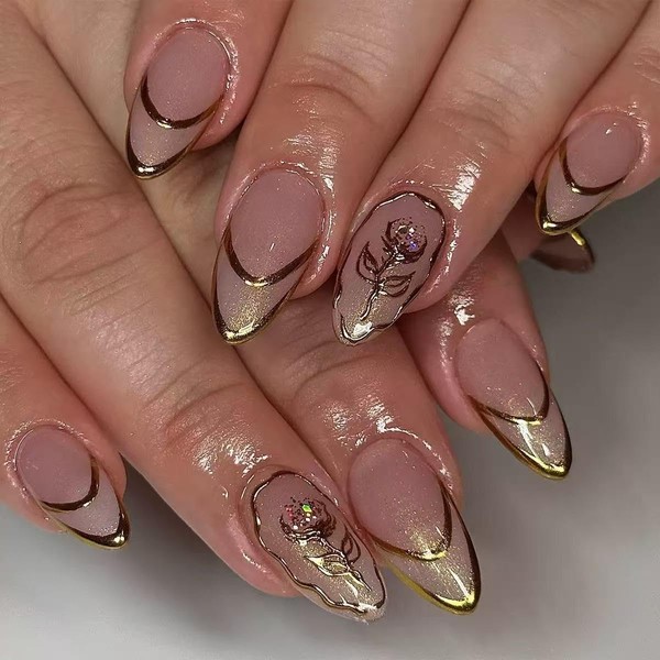 Gold Line Press on Nails Medium Almond Moon French Tips