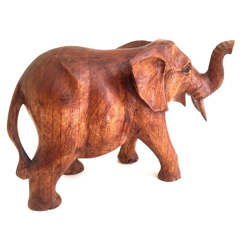 Elephant Statue Solid Wood Hand Carved Lucky Trunk Up Elephant