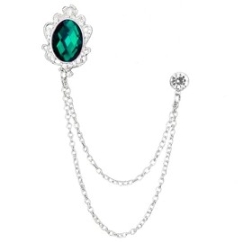 Vintage Gemstone Chain Brooch Pin Rhinestone Long Chain Tassel Suit Pin Zircon Oval Crystal Lapel Pin Jewelry for Women Men (Green)