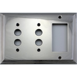 Polished Nickel Deco Step Style 3 Gang Combination Switch Plate - 2 Push Button Light Switch Openings 1 GFI/Rocker Opening
