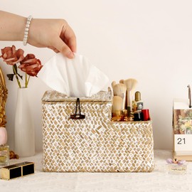 Sumnacon Tissue Box Cover Square Tissue Box Woven Seagrass Tissue Box Holder with Side Organizer, Rustic Tissue Holder for Living Room Bathroom Bedroom Kitchen Office Table Desk, White