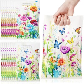 Epakh 100 Pcs Wildflower Gift Bags Bulk Plastic Goody Bags with Handles Wildflower Treat Bags Floral Butterfly Candy Gift Bag for Baby Shower Spring Summer Floral Birthday Party Supplies