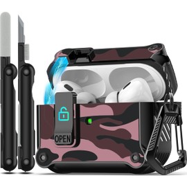 RFUNGUANGO for AirPods Pro 2nd/1st Generation Case Cover with Secure Lock Clip,Automatic Pop-up Case Full-Body Shockproof Hard Protective Cover for AirPods Pro 2 Case(2023/2022/2019)-red Camouflage