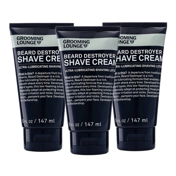 Grooming Lounge Beard Destroyer Shave Cream - Moisturizing, Bump and Razor Burn Free Shaving Solution for Men - Low Foam Lather Formula for Smooth, Easy Glide Shave - Soft on Sensitive Skin - 3 pack
