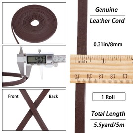 GORGECRAFT 5m Cowhide Leather Cord 8mm Wide Flat Genuine Brown Leather Cord 4mm Thick Braided Cord Shiny Bead Threads for DIY Art Necklace Bracelet Jewellery Making