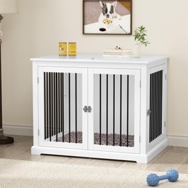 PUPETPO Dog Crate Furniture with Cushion, Dog Crate End Table Large, Indoor Dog Kennel, Dog House, Dog Cages for Large Dogs, Furniture Style Dog Crate with Flip-top, Chew-Proof Metal Bars, White