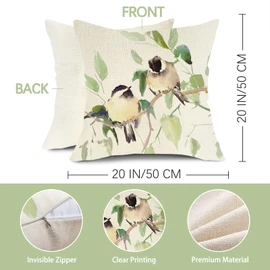 Spring Summer Birds Decorative Throw Pillow Covers 18 x 18 Set of 4, Chickadee Goldfinch Bluebird Porch Outdoor Home Decor, Sparrow Branches Vintage Couch Cushion Case