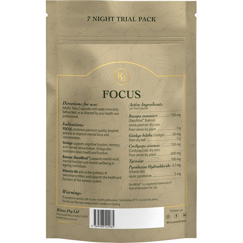 Ritua Focus 7 Day Bacomind Ginko Cordyceps Tyrosine B6 14