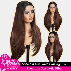 13x4 Synthetic Lace Front Wigs Pre Plucked Auburn with Black Root 26 Inch Long Layered Straight Wigs For Women 100% Futura Premium Fiber Ready to Wear Wig With Bangs Daily Party Use