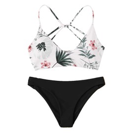 SweatyRocks - Traje de baño sexy para mujer, estampado floral, espalda cruzada, traje de baño, Negro-3, Large