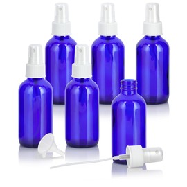 JUVITUS 4 oz Cobalt Blue Glass Boston Round Bottle with White Fine Mist Sprayer (6 pack) + Funnel I Refillable Empty Storage