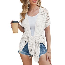 GRACE KARIN Crochet Beach Cover Up Women Short Sleeve Open-Front Long Cardigan Knitted Sheer Tops White M