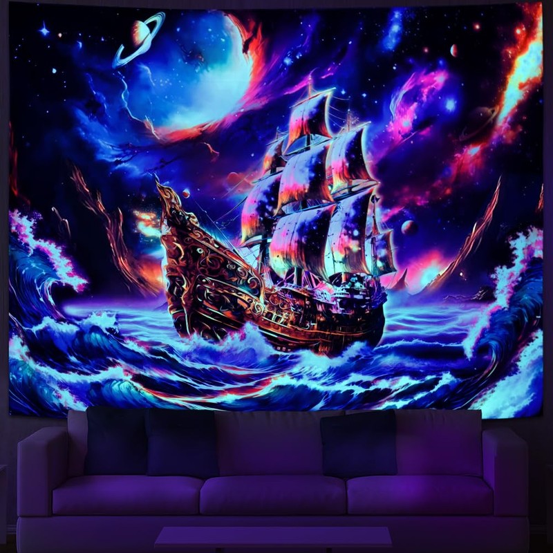 Amhokhui UV Reactive Trippy Tapestry Blacklight Neon Ocean Wave Tapestries