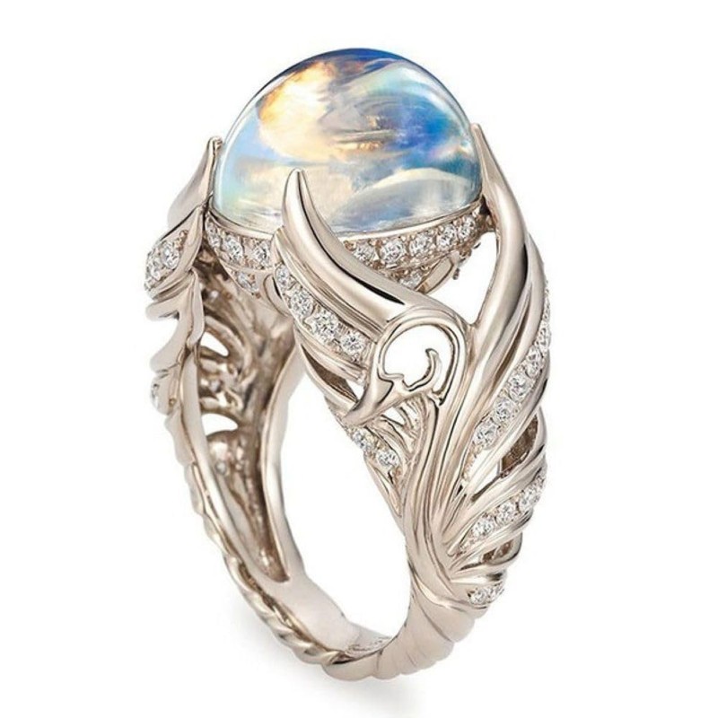Gixaxak Angel Wings Moonstone Zircon Full Diamond Ring Natural Moonstone