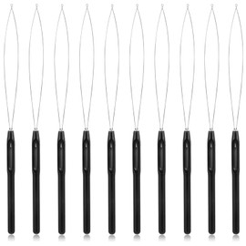 10 Pieces Hair Extension Loop Needle Threader Pulling Hook Tool, Bead Device Tool for Hair Extensions or Feather Extensions,Micro Loop Nano Beads Device(Black)