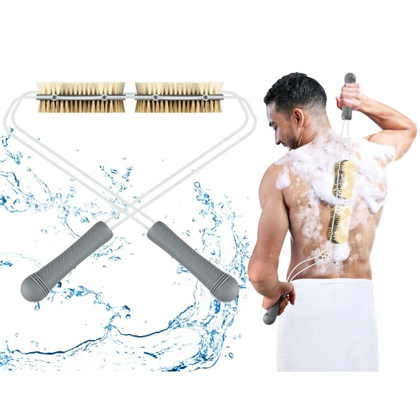 Depuradores exfoliantes para uso en la ducha, cepillo para polvo de espalda de doble cara de 50 pulgadas con asas, herramienta de baño exfoliante corporal, depurador de espalda de ducha para hombres y mujeres