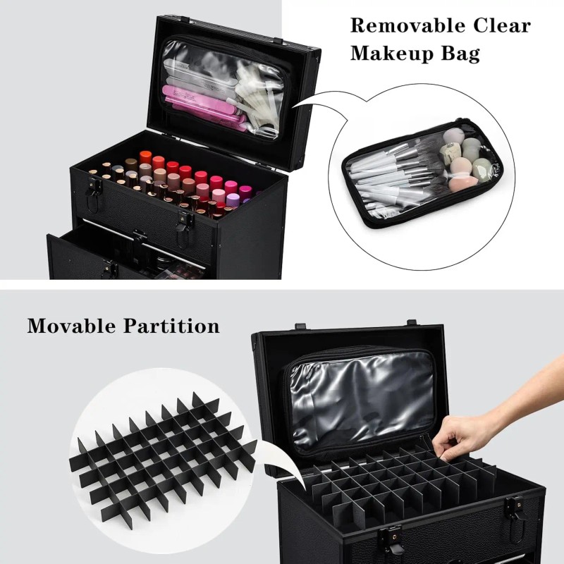 Leather Rolling Makeup Train Case with Wheels 2 Drawers Professional