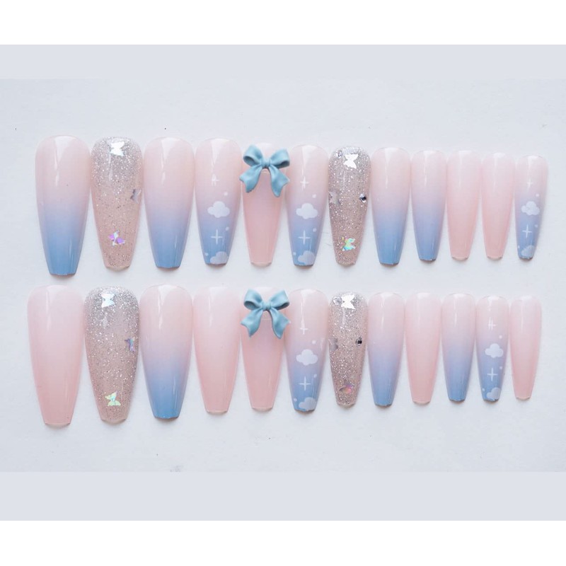 Nail Tips 24 Pcs Butterfly Clouds Long Fake Nails Make