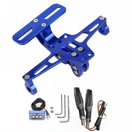Motorcycle License Plate Holder with Left/Right Turn Light Motorcycle License Plate Holder LED Light Adjustable Universal CNC Aluminium Number Plate Holder For Most Popular Motorcycle Models (Blue)