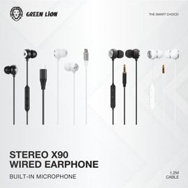 Green Lion Stereo X90 3.5 mm Wired Earphone, 120cm Cable, 3.5mm Aux, in-Ear Design, Built-in Microphone, Volume Control, 102±3 dB Sensitivity, Voice Assistant, 10mm Speaker (Black)