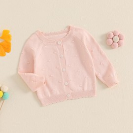 Kids Little Girls Button Front Crop Sweater Cardigan Solid Color Crew Neck Long Sleeve Knit Spring Fall Tops (Pink, 4-5 Years)
