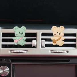 2PCS Cute Bear Car Dashboard Air Vent Trim Clips, Auto Interior Decorative Clip Car Air Freshener Vent Clips, Car Diffuser Air Conditioner Outlet Clips, Funny Presents for Girls Women (Green/Beige)