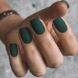 SXVME 48 Pcs Matte Dark Green Press on Nails Short Square, Acrylic False Nails Short Coffin, Natural Small Fake Nail Set, Elegant Solid Soft Gel Stick on Nails for Women Fall Winter