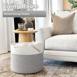 Goodpick Blanket Basket, 15.8"x15.8"x13.8" Woven Rope Basket for Storage, Kids Toy Storage Baskets Organizer Bins, Toy Storage for Nursery, Towel Basket, Light & Grey