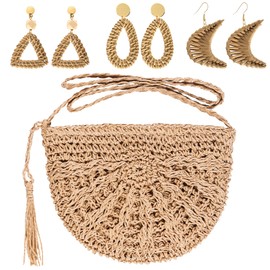 hoyuwak Straw Clutch Purse for Women with 3 Tropical Rattan Earrings Summer Beach Crossbody Handbag Boho Shoulder Bag for Vacation Holiday