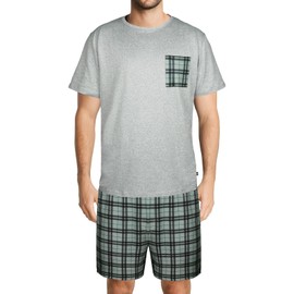 DiULi Mens Short Pajama Set, Crew Neck Top and Shorts, Classic Plaid Sleepwear, Men's Summer Loungewear, Soft Two Piece Pajamas with Pockets, Grey Plaid(2XL)