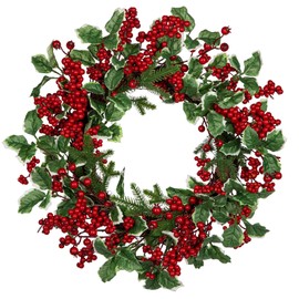 Hollyone 18" Christmas Wreath for Front Door Artificial Wreath with Berry Clusters and Holly Leaves for Christmas Thanksgiving Winter Holiday Decoration