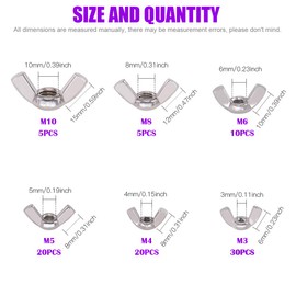 Swpeet 90Pcs 304 Stainless Steel Serrated Metric Wing Nuts Butterfly Nuts Hex Dome Cap Assortment Kit, 6 Sizes - M3 M4 M5 M6 M8 M10