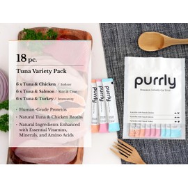 Purrly Cat Treat Snack Wet Lickable Low Calorie Healthy Grain-Free Tuna Variety Packs (18 Count) Squeezable Creamy Purée with Human-Grade Proteins and Functional Nutrients No-Artificial-Additives