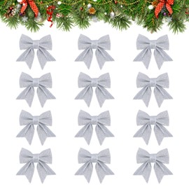 HO2NLE Pack of 12 Bows Christmas Glitter Silver Christmas Bows Decoration for Christmas Tree Bows Christmas Tree Decorations for Family Celebrations Party Decoration